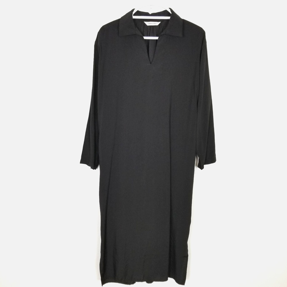 Monologue Women Long‎ Sleeve Satin Midi Dress Sz M Black Relaxed Lagenlook